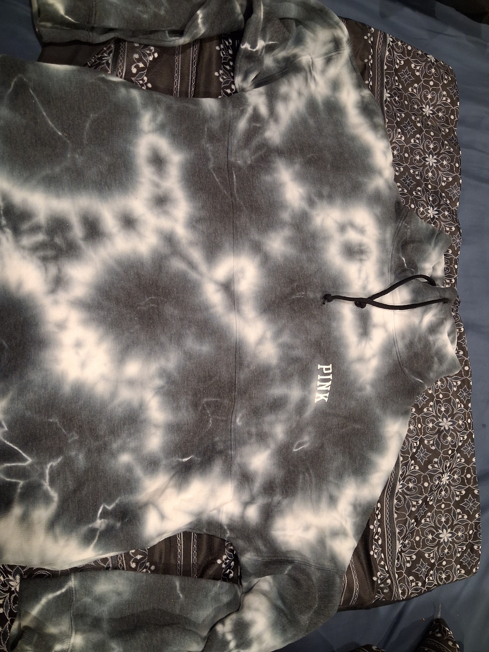 PINK Victoria's Secret Men's Black & White Tie-Dye Pullover Hoodie